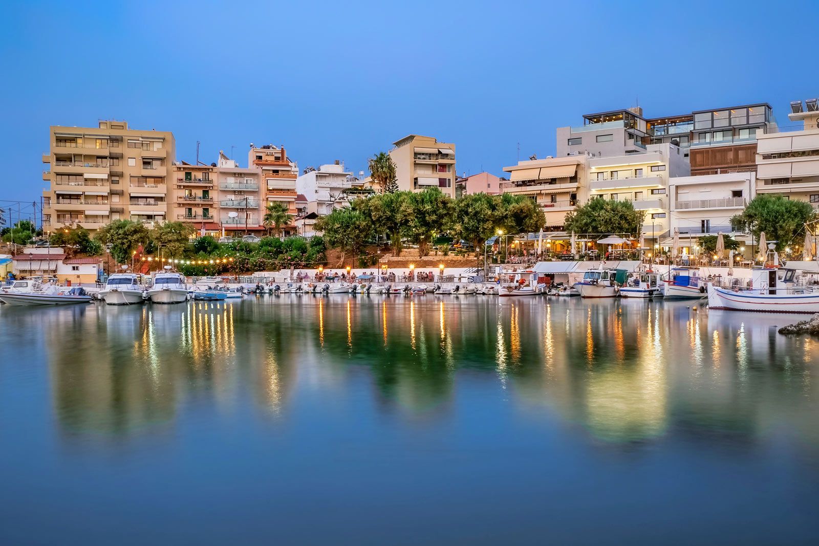 Chania seafront and marina at dusk